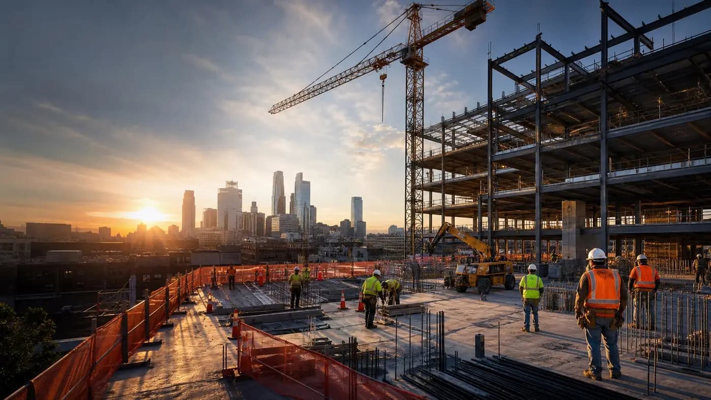 Construction site at sunset